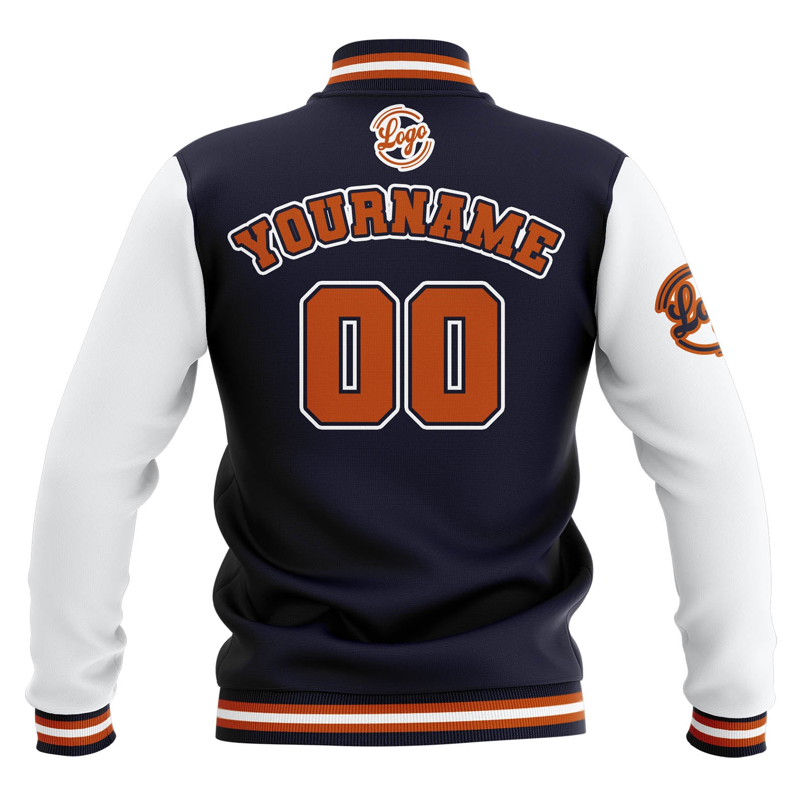 Chaquetas universitarias impermeables personalizadas en azul marino-blanco y naranja con nombre-número y logotipo bordados
