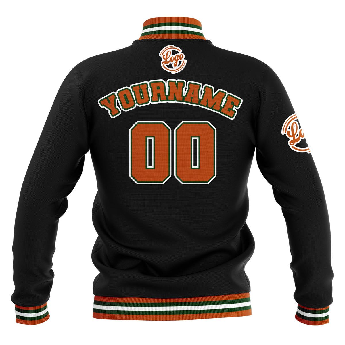 Chaquetas universitarias impermeables personalizadas en negro-naranja y verde con nombre-número y logotipo bordados