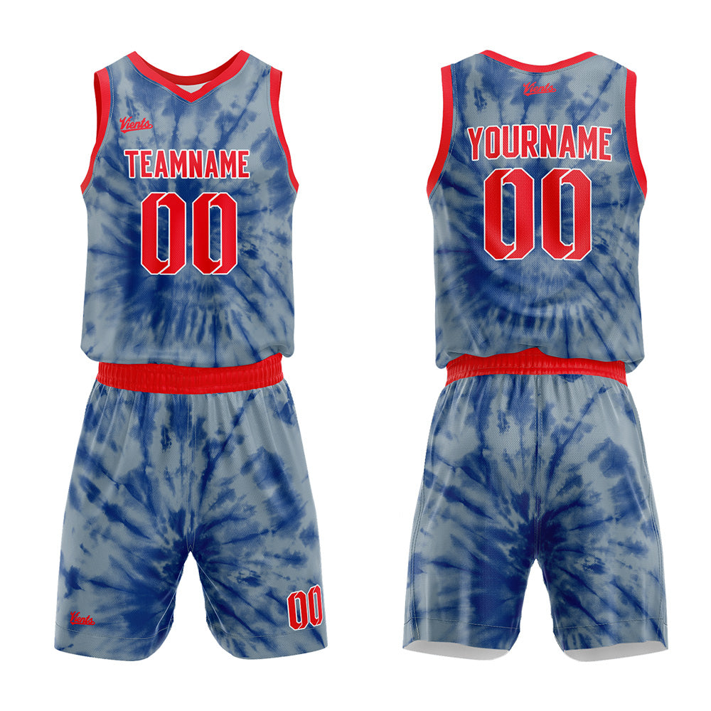 Uniforme de baloncesto personalizado en gris y azul con tu logotipo-nombre y número impresos