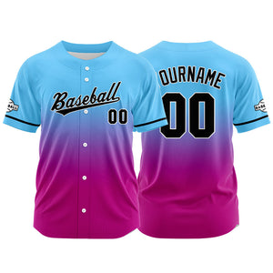 Dise?o personalizado de camiseta de béisbol con estampado completo en azul claro y rosa púrpura