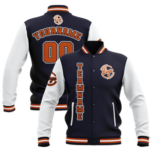 Chaquetas universitarias impermeables personalizadas en azul marino-blanco y naranja con nombre-número y logotipo bordados
