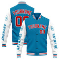 Chaqueta universitaria personalizada estilo Letterman para hombres-mujeres y jóvenes en azul-blanco y rojo