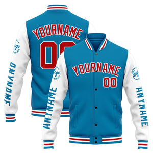Chaqueta universitaria personalizada estilo Letterman para hombres-mujeres y jóvenes en azul-blanco y rojo