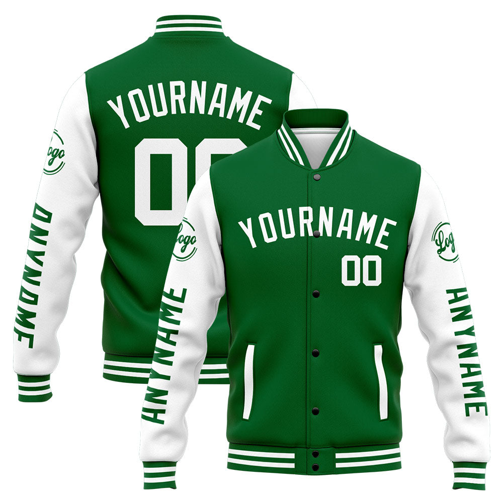 Chaqueta universitaria personalizada estilo Letterman para hombres-mujeres y jóvenes-color verde y blanco