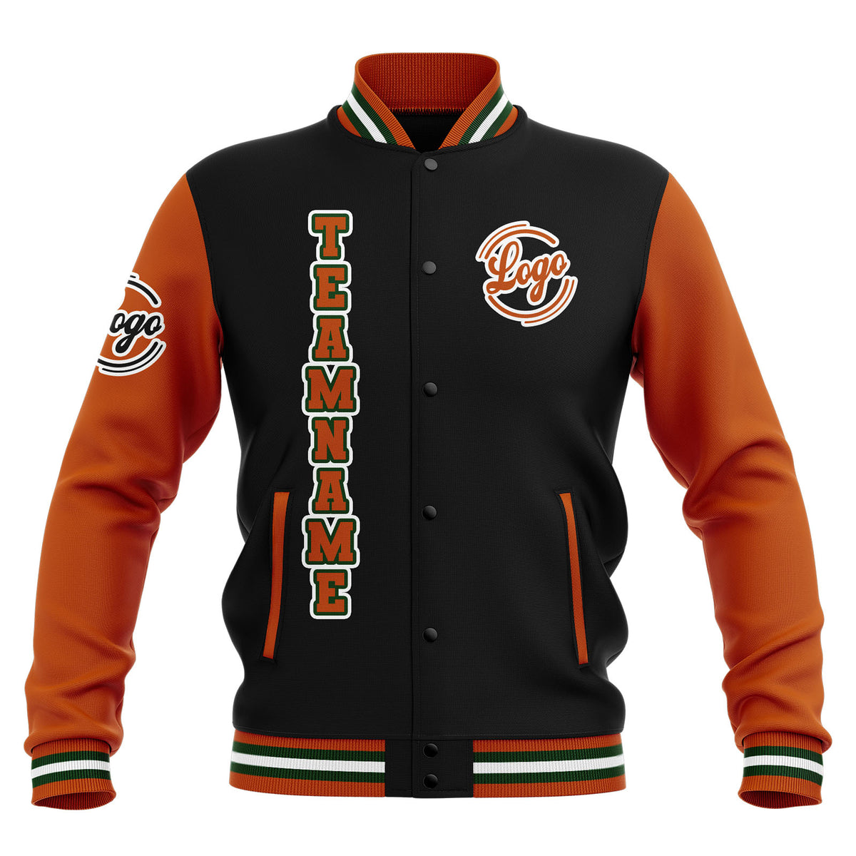 Chaquetas universitarias impermeables personalizadas en negro-naranja y verde con nombre-número y logotipo bordados