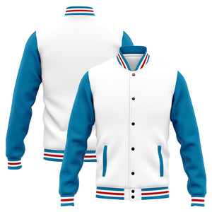 Chaqueta universitaria personalizada estilo Letterman para hombres-mujeres y jóvenes en azul-blanco y rojo