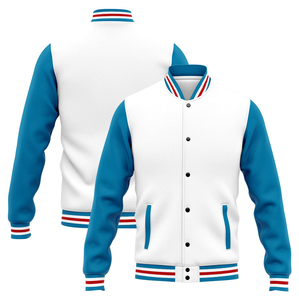 Chaqueta universitaria personalizada estilo Letterman para hombres-mujeres y jóvenes en azul-blanco y rojo