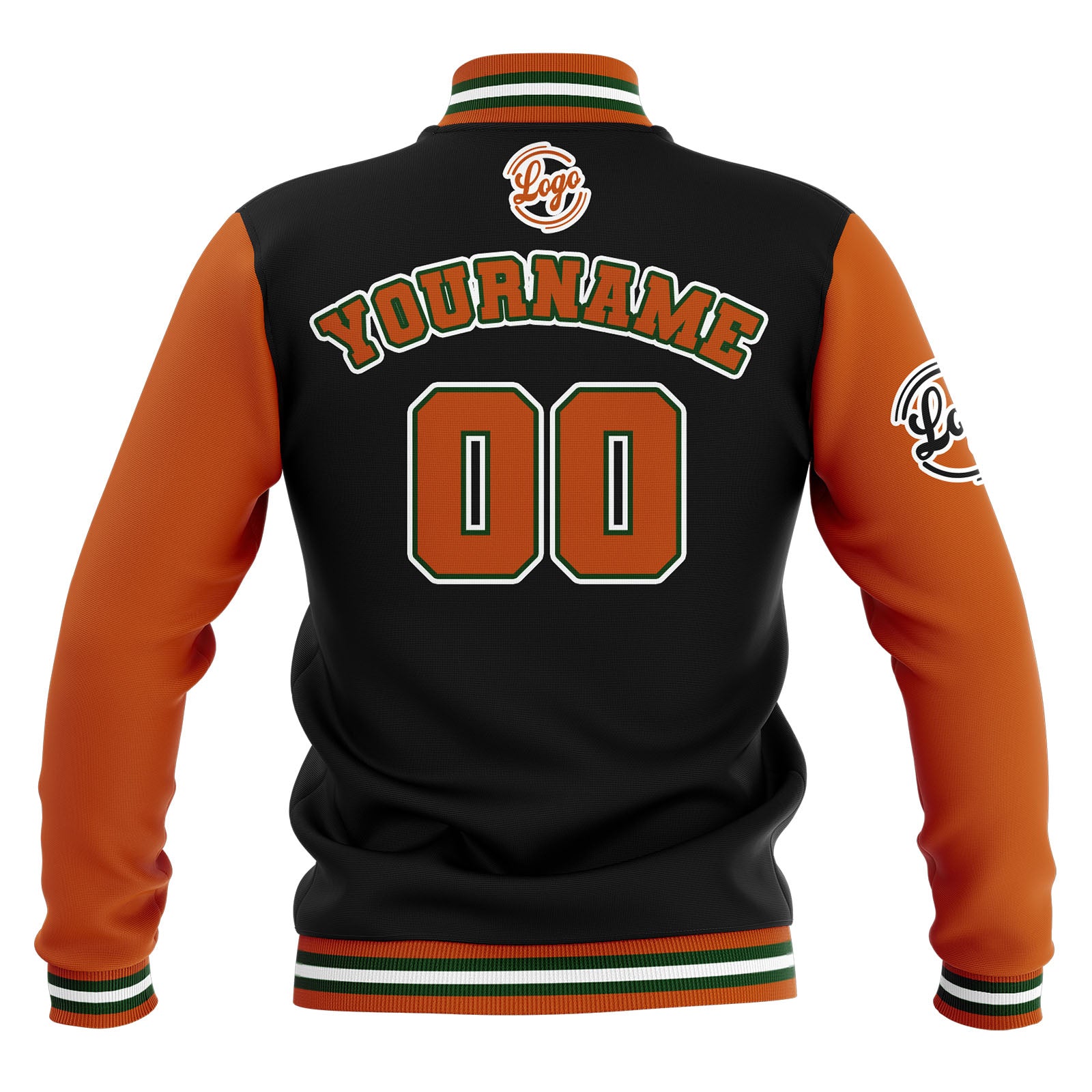 Chaquetas universitarias impermeables personalizadas en negro-naranja y verde con nombre-número y logotipo bordados