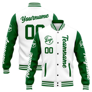 Chaqueta universitaria personalizada estilo Letterman para hombres-mujeres y jóvenes-color verde y blanco