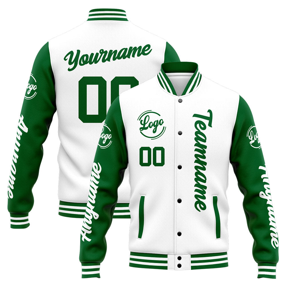 Chaqueta universitaria personalizada estilo Letterman para hombres-mujeres y jóvenes-color verde y blanco