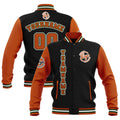 Chaquetas universitarias impermeables personalizadas en negro-naranja y verde con nombre-número y logotipo bordados