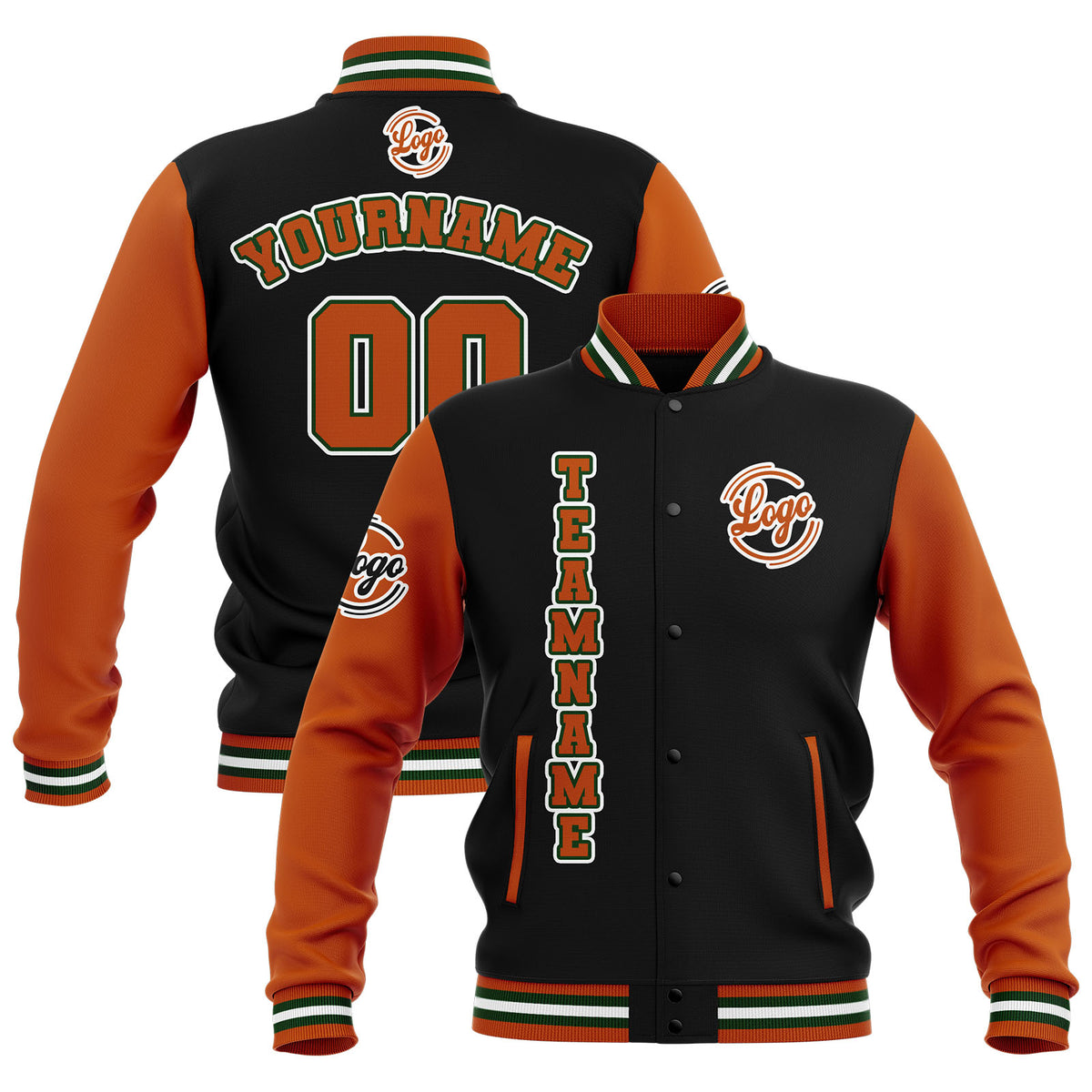 Chaquetas universitarias impermeables personalizadas en negro-naranja y verde con nombre-número y logotipo bordados