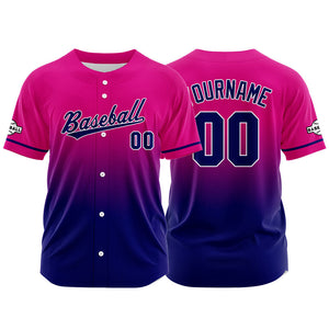 Dise?o personalizado de camiseta de béisbol con estampado completo en fucsia y azul marino