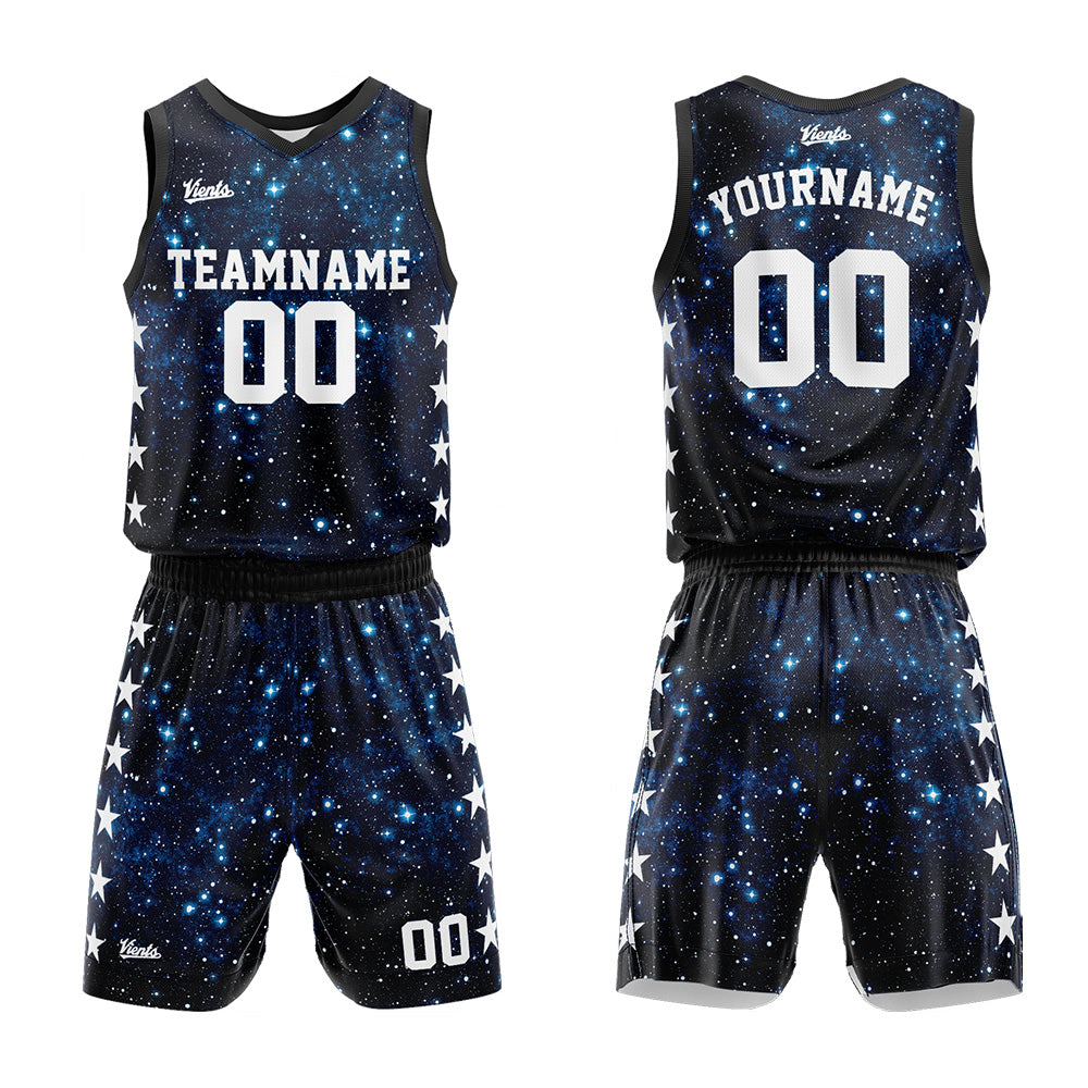 Uniforme de baloncesto personalizado con estampado de cielo estrellado-impreso con tu logotipo-nombre y número