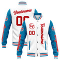 Chaqueta universitaria personalizada estilo Letterman para hombres-mujeres y jóvenes en azul-blanco y rojo