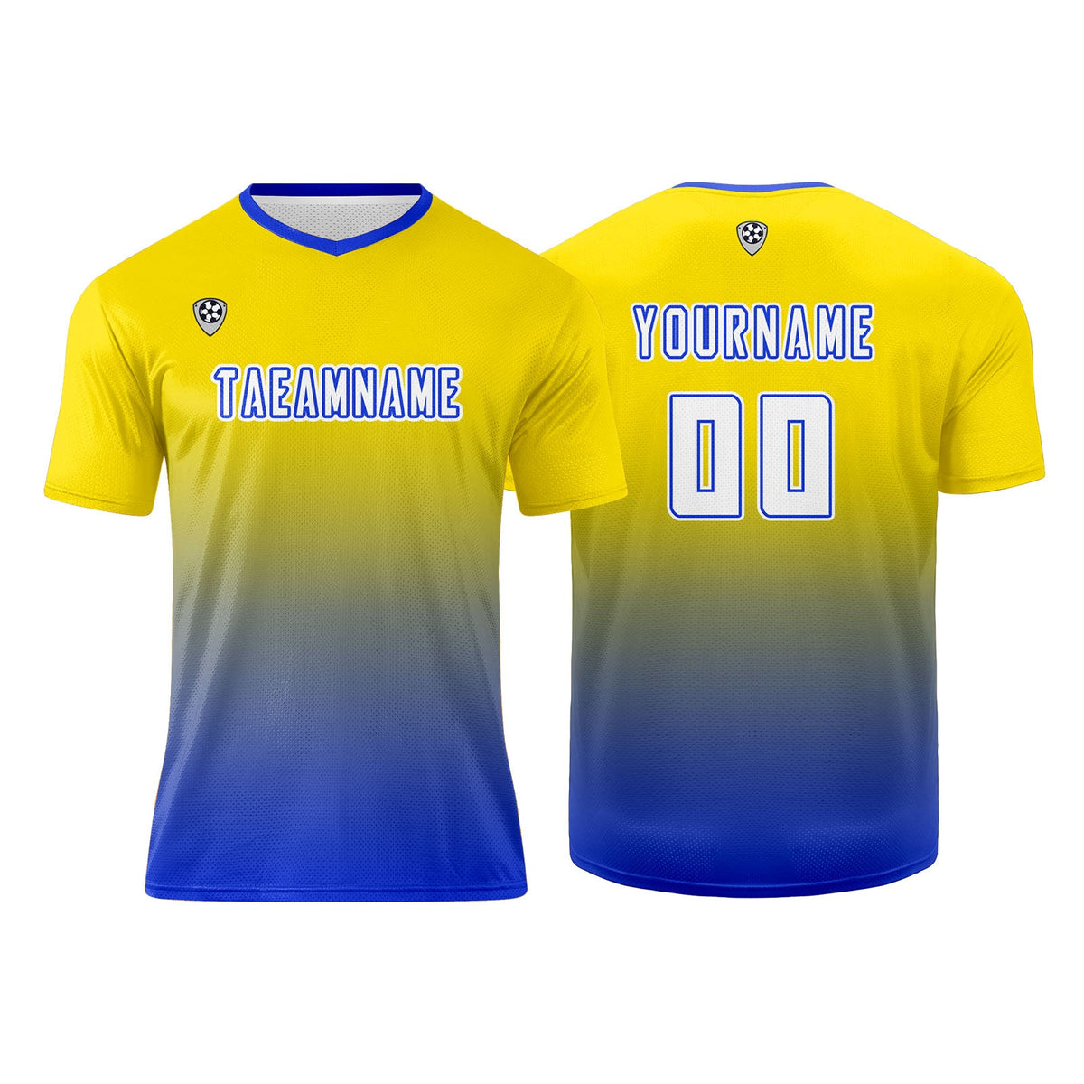 Conjunto personalizado de camiseta y uniforme amarillo y azul para niños y adultos