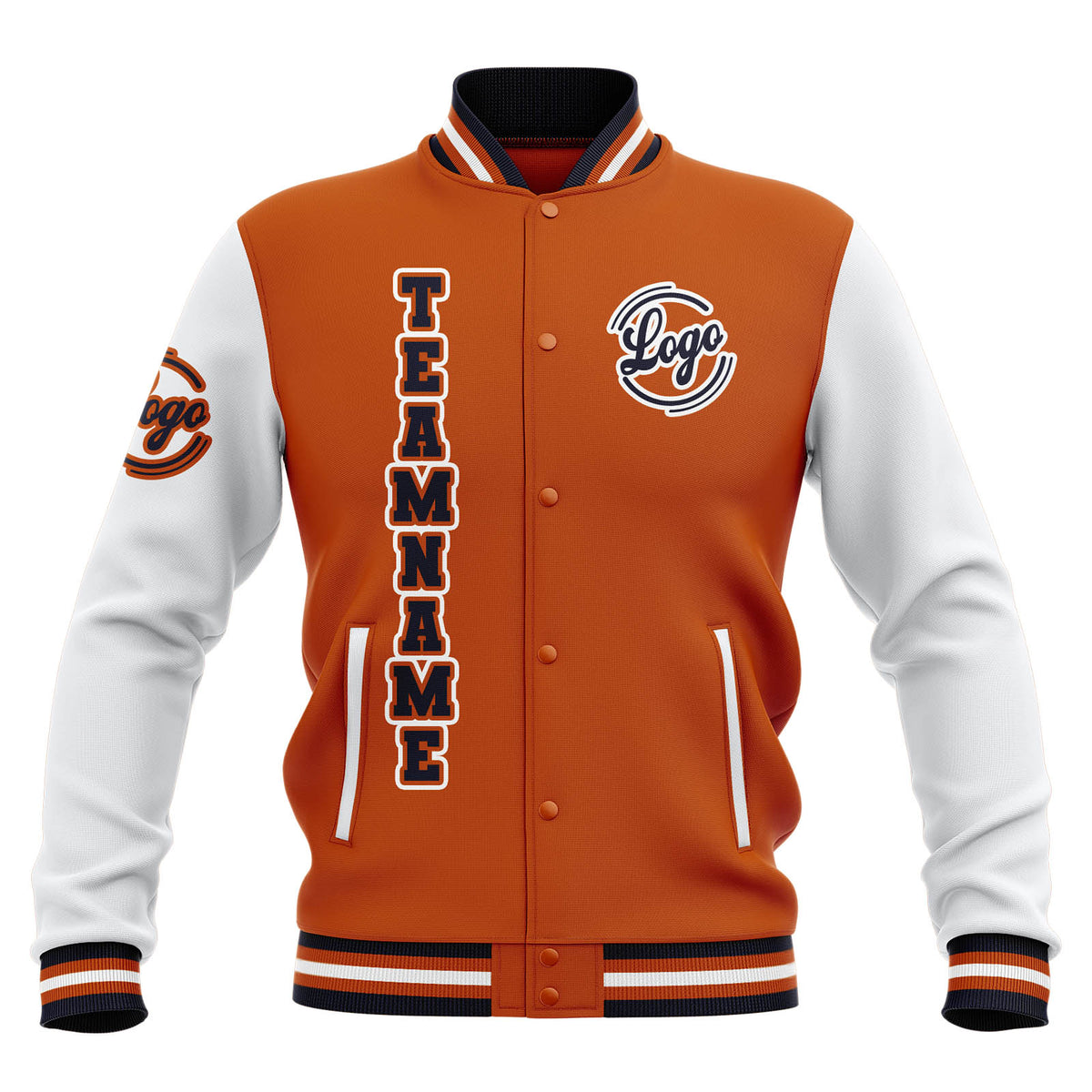 Chaquetas universitarias impermeables personalizadas en naranja-blanco y azul marino con nombre-número y logotipo bordados a medida
