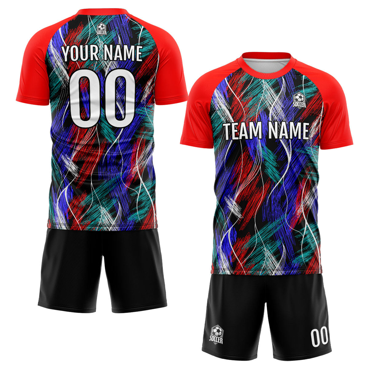 Conjunto personalizado de camiseta de uniforme negra y roja para niños y adultos