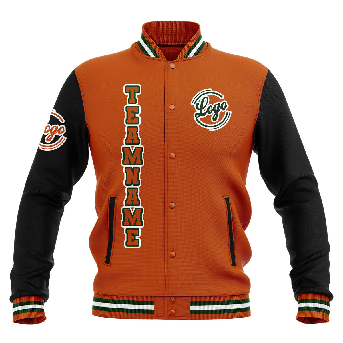 Chaquetas universitarias impermeables personalizadas en negro-naranja y verde con nombre-número y logotipo bordados