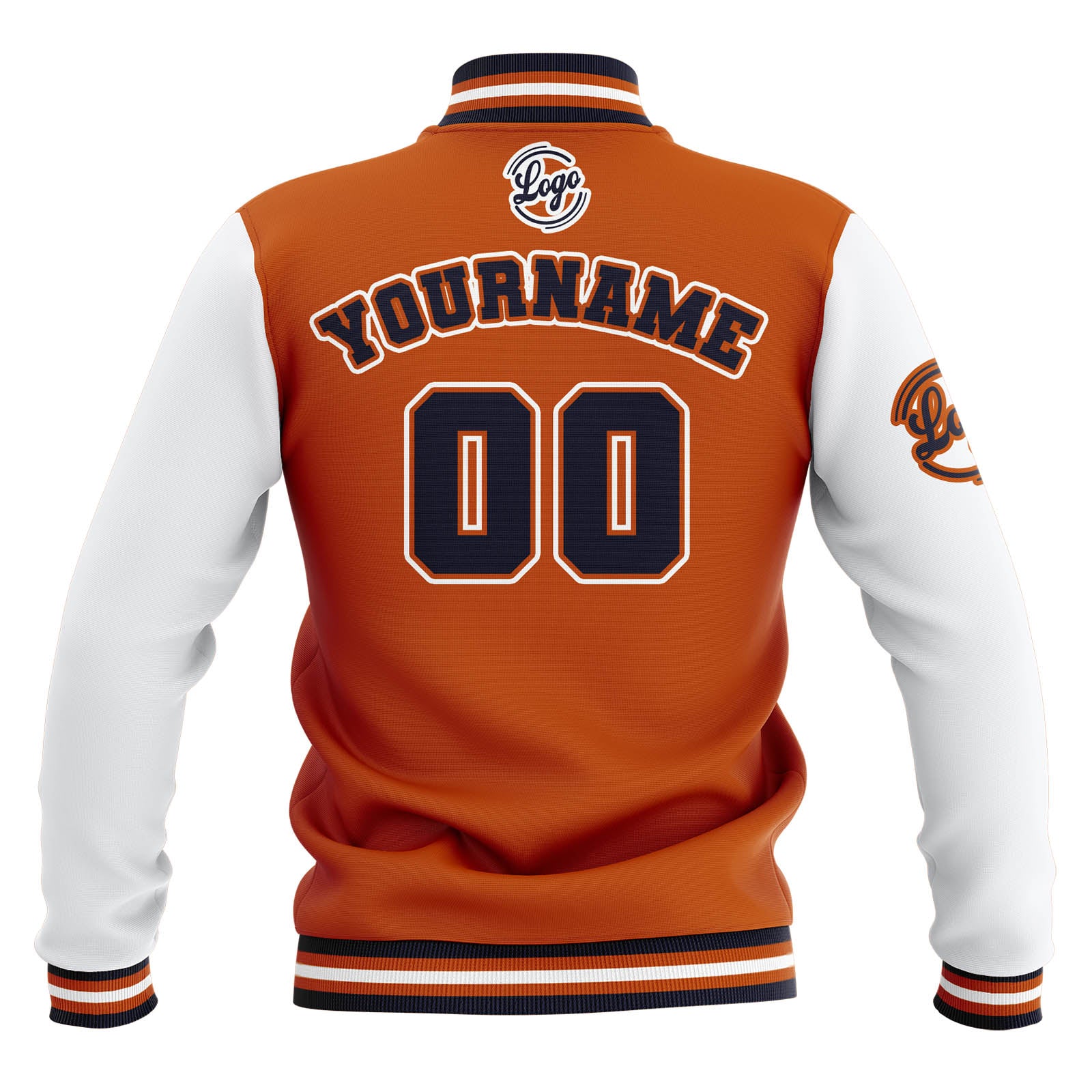 Chaquetas universitarias impermeables personalizadas en naranja-blanco y azul marino con nombre-número y logotipo bordados a medida