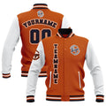 Chaquetas universitarias impermeables personalizadas en naranja-blanco y azul marino con nombre-número y logotipo bordados a medida