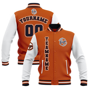 Chaquetas universitarias impermeables personalizadas en naranja-blanco y azul marino con nombre-número y logotipo bordados a medida