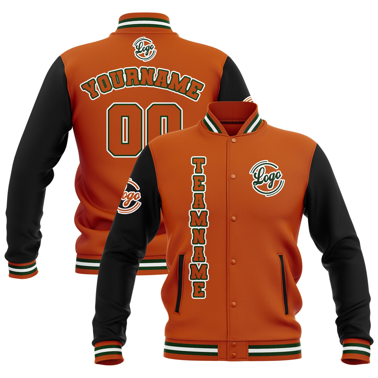 Chaquetas universitarias impermeables personalizadas en negro-naranja y verde con nombre-número y logotipo bordados