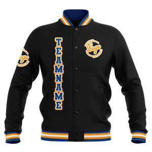 Chaquetas universitarias impermeables personalizadas en negro-azul y amarillo con nombre-número y logotipo bordados