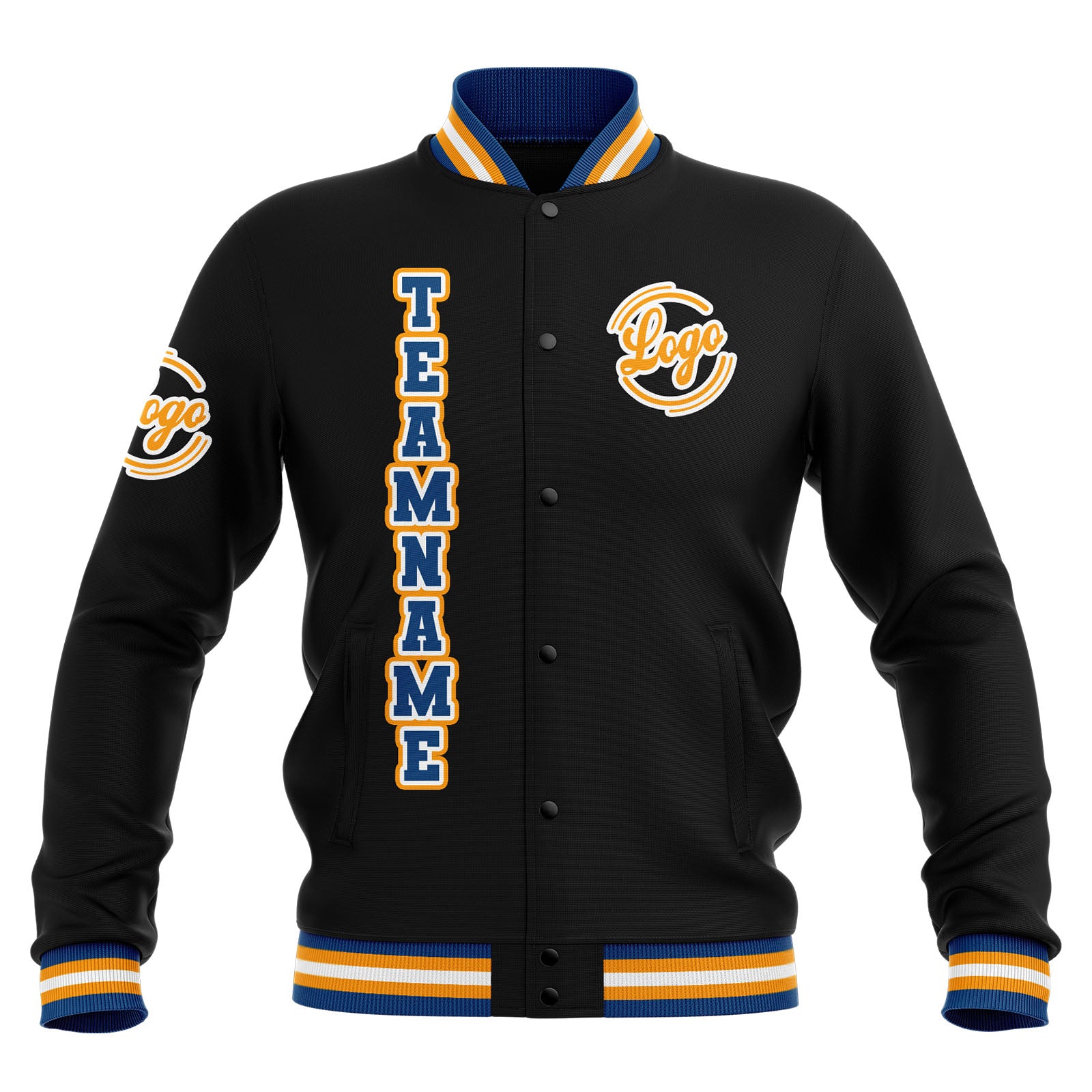 Chaquetas universitarias impermeables personalizadas en negro-azul y amarillo con nombre-número y logotipo bordados
