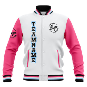 Chaquetas universitarias impermeables personalizadas en blanco-rosa y negro con nombre-número y logotipo bordados