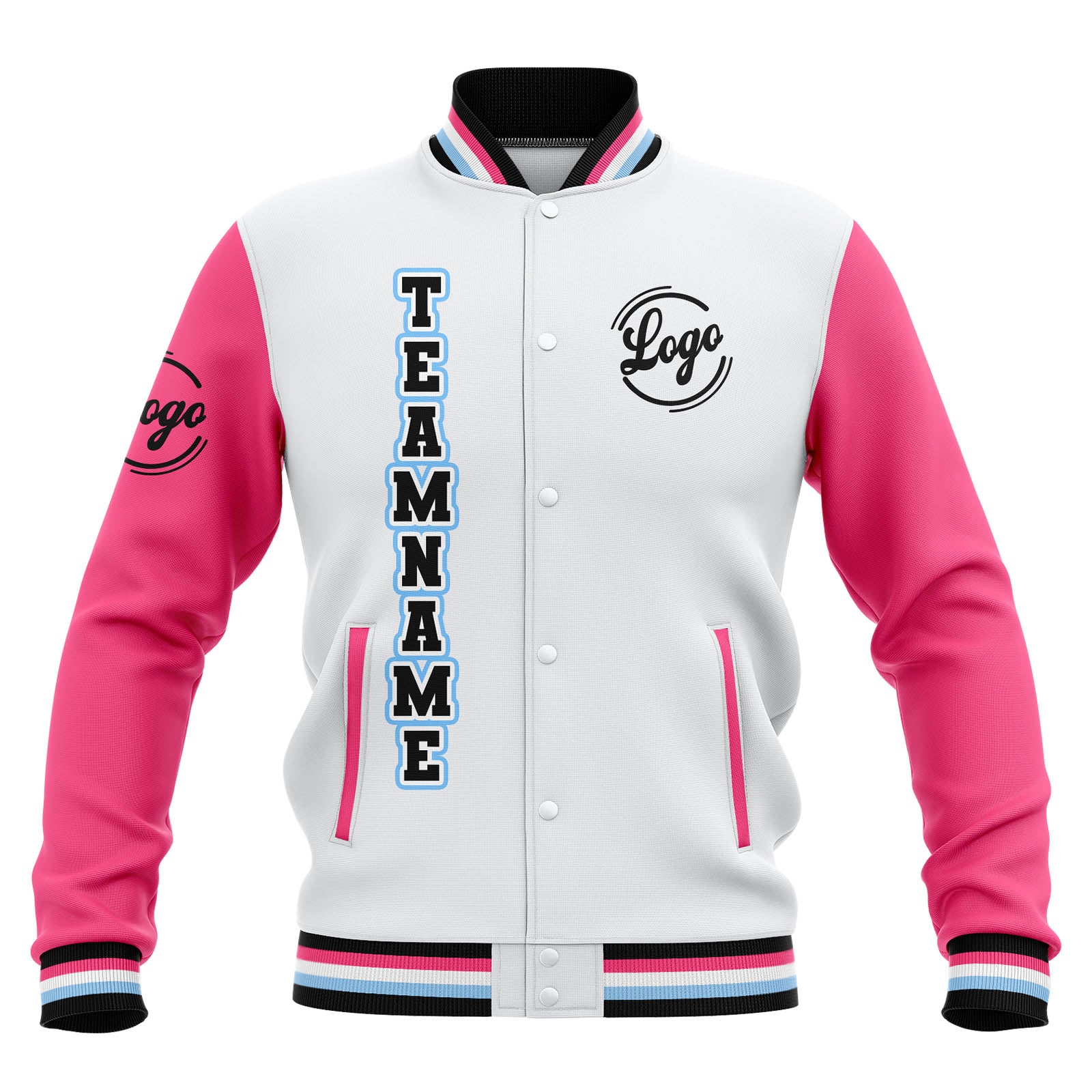 Chaquetas universitarias impermeables personalizadas en blanco-rosa y negro con nombre-número y logotipo bordados