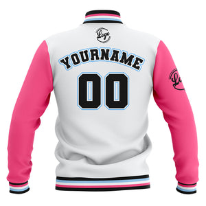 Chaquetas universitarias impermeables personalizadas en blanco-rosa y negro con nombre-número y logotipo bordados