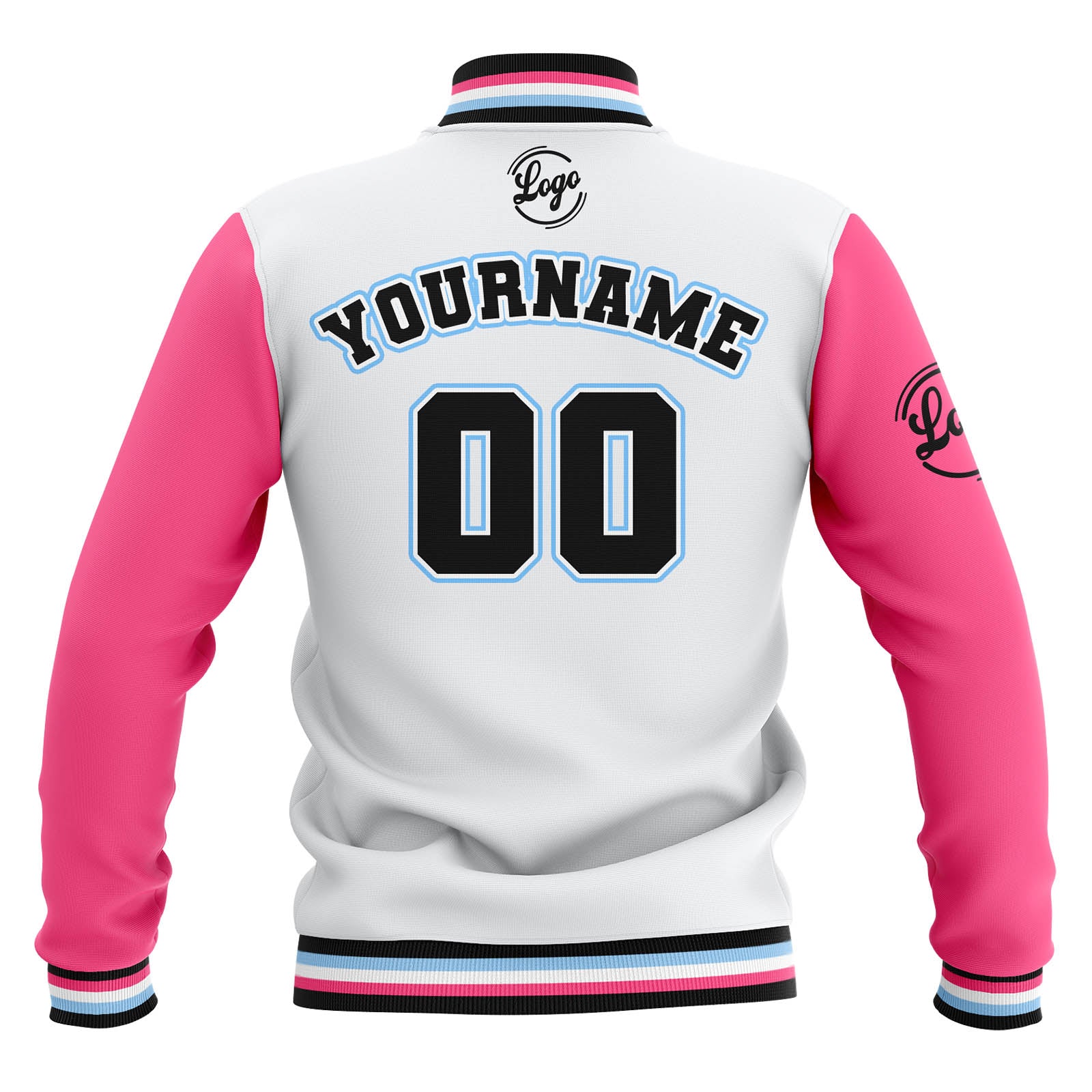 Chaquetas universitarias impermeables personalizadas en blanco-rosa y negro con nombre-número y logotipo bordados