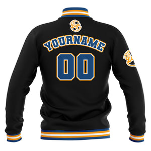 Chaquetas universitarias impermeables personalizadas en negro-azul y amarillo con nombre-número y logotipo bordados