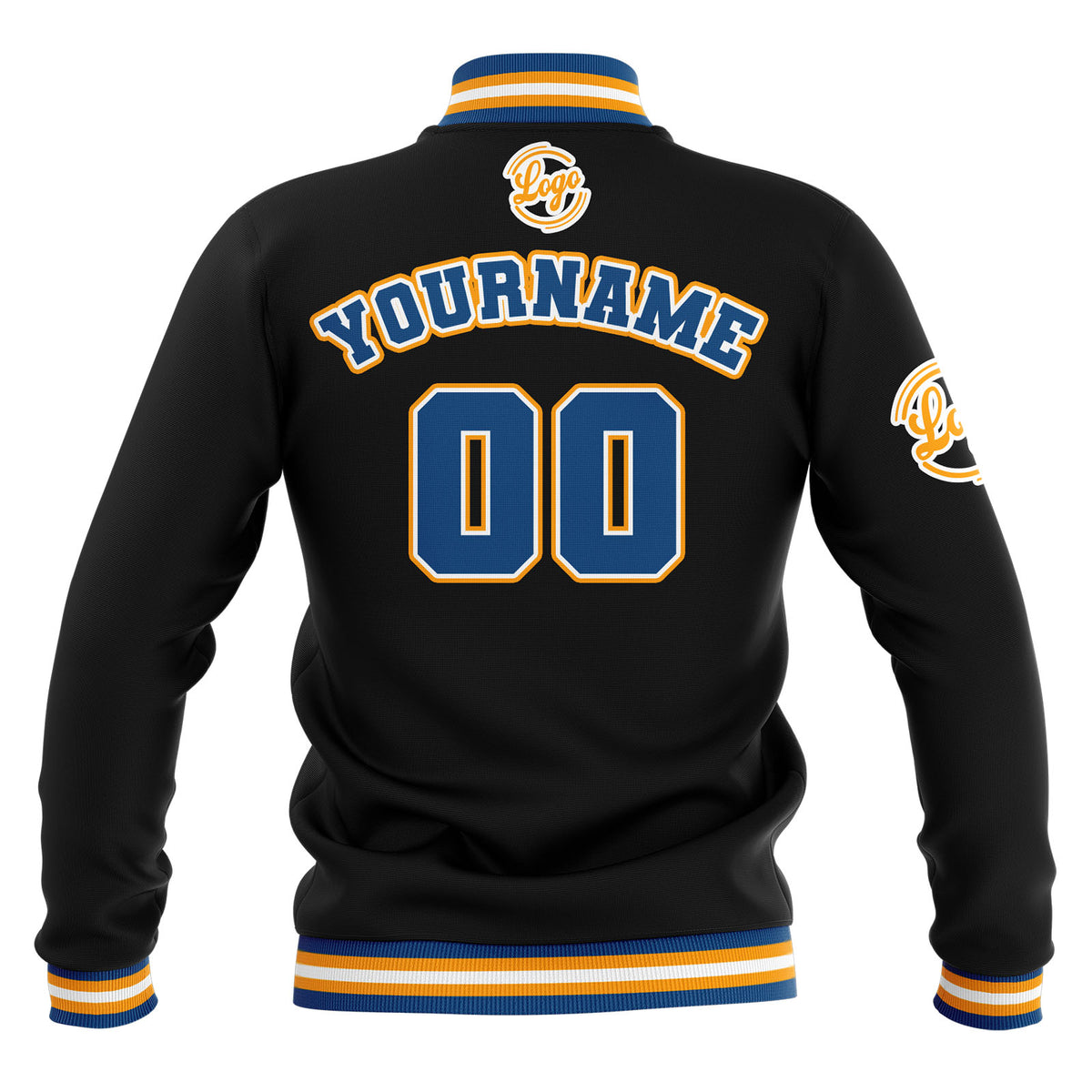Chaquetas universitarias impermeables personalizadas en negro-azul y amarillo con nombre-número y logotipo bordados
