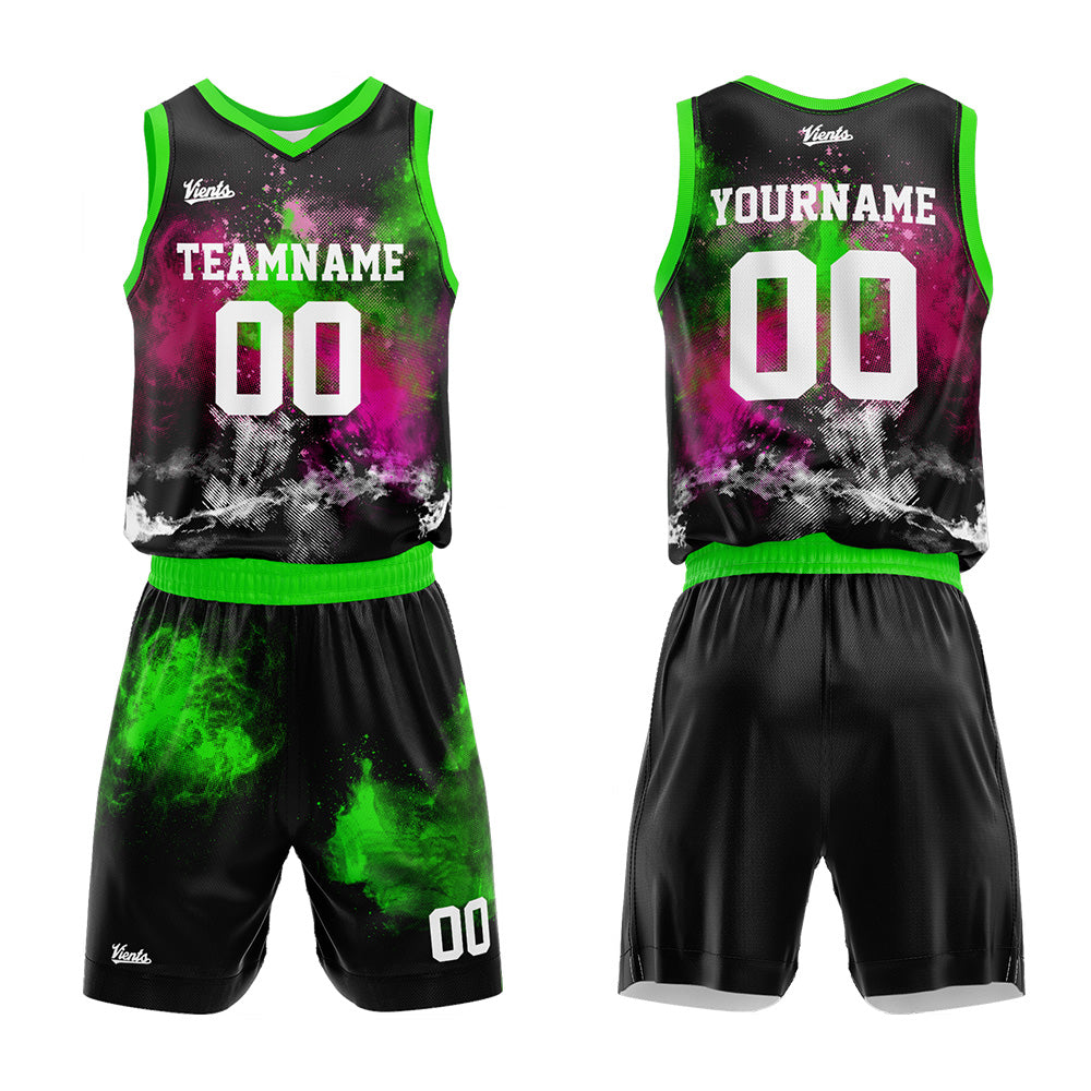 Uniforme de baloncesto personalizado Splash Rose verde neón con tu logotipo-nombre y número impresos