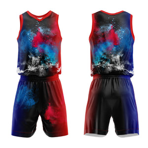 Uniforme de baloncesto personalizado con estampado de salpicaduras rojas y azules-impreso con tu logotipo-nombre y número
