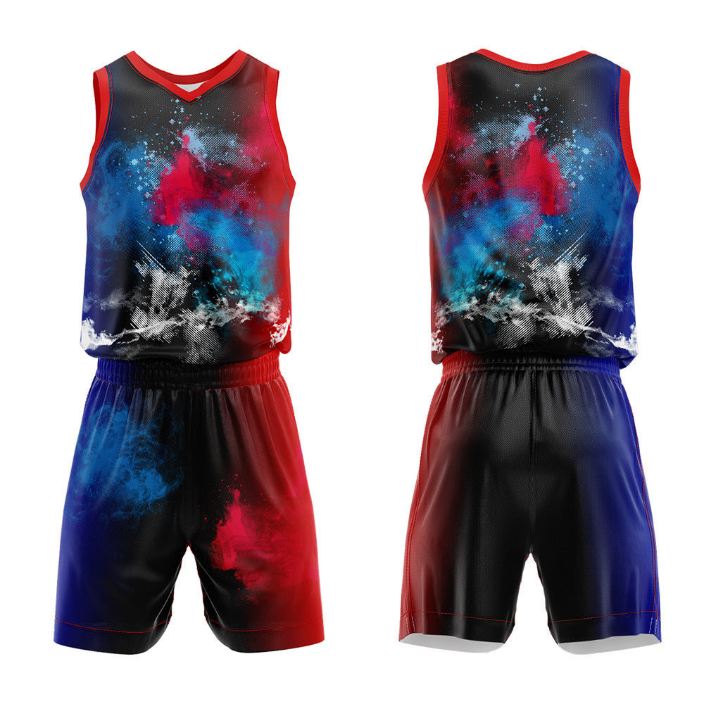 Uniforme de baloncesto personalizado con estampado de salpicaduras rojas y azules-impreso con tu logotipo-nombre y número