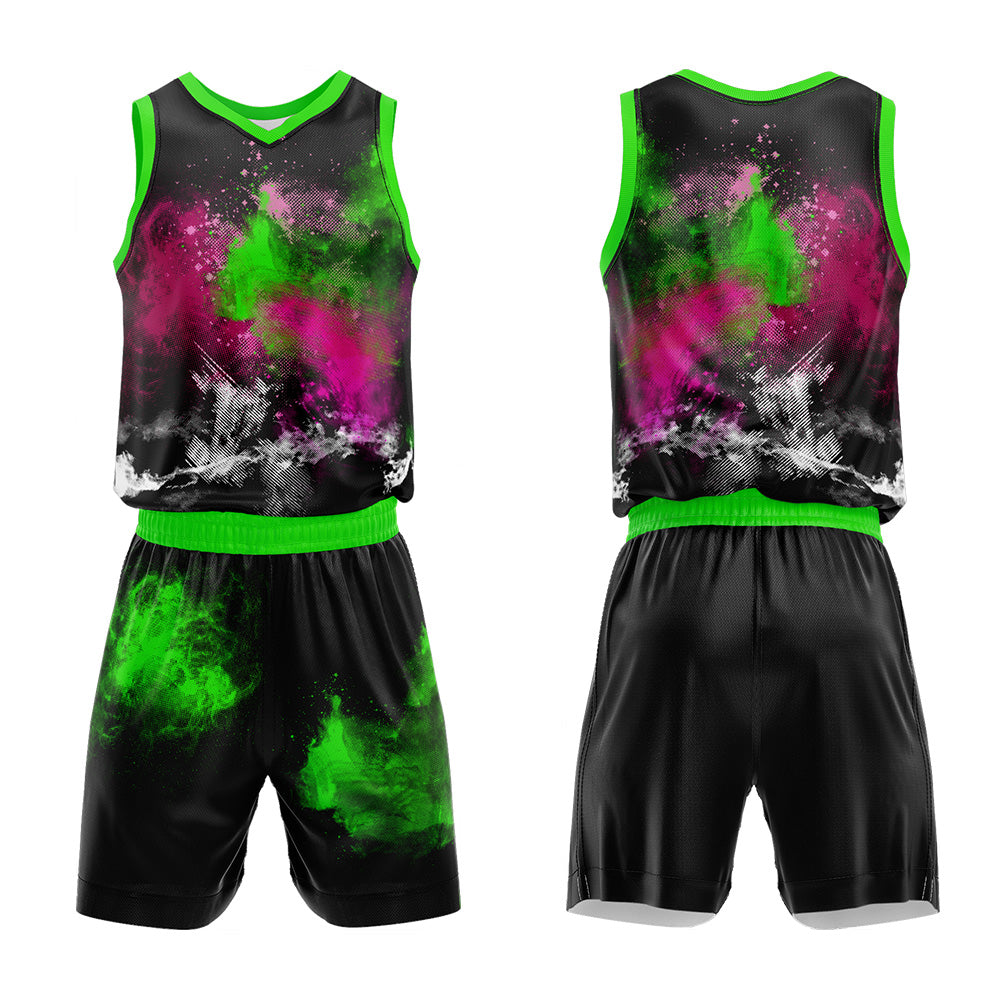 Uniforme de baloncesto personalizado Splash Rose verde neón con tu logotipo-nombre y número impresos