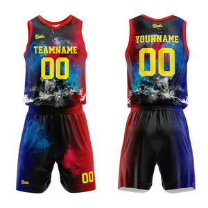 Uniforme de baloncesto personalizado con estampado de salpicaduras rojas y azules-impreso con tu logotipo-nombre y número