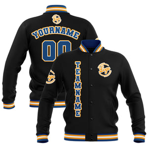 Chaquetas universitarias impermeables personalizadas en negro-azul y amarillo con nombre-número y logotipo bordados