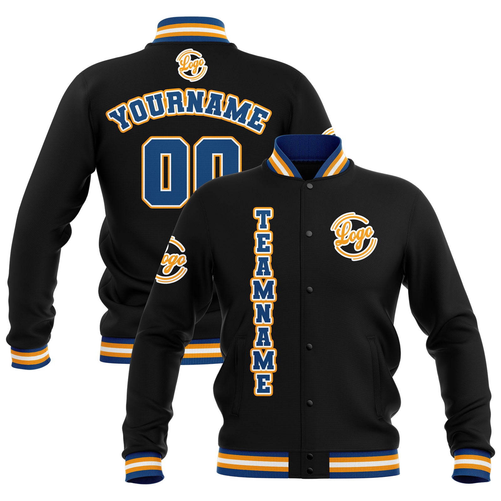 Chaquetas universitarias impermeables personalizadas en negro-azul y amarillo con nombre-número y logotipo bordados