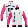 Chaquetas universitarias impermeables personalizadas en blanco-rosa y negro con nombre-número y logotipo bordados
