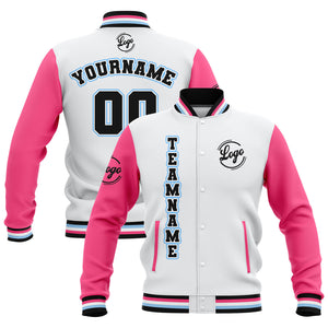 Chaquetas universitarias impermeables personalizadas en blanco-rosa y negro con nombre-número y logotipo bordados