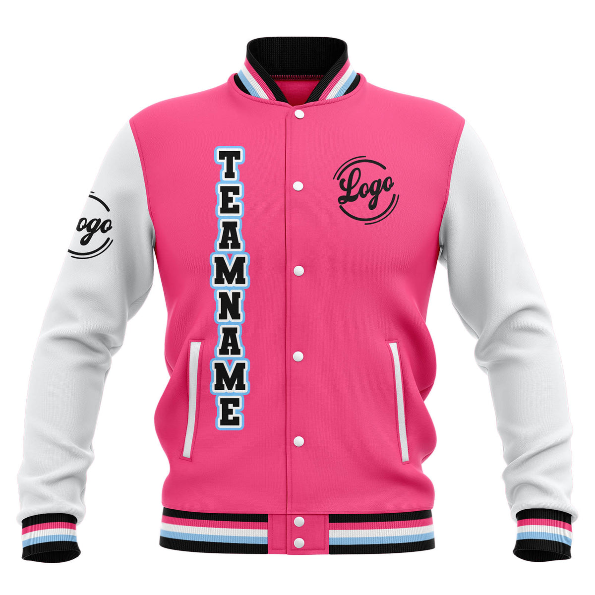 Chaquetas universitarias impermeables personalizadas en rosa-blanco y negro con nombre-número y logotipo bordados
