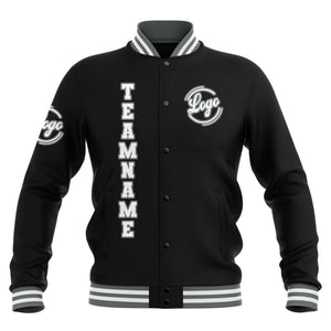 Chaquetas universitarias impermeables personalizadas en negro-gris y blanco con nombre-número y logotipo bordados