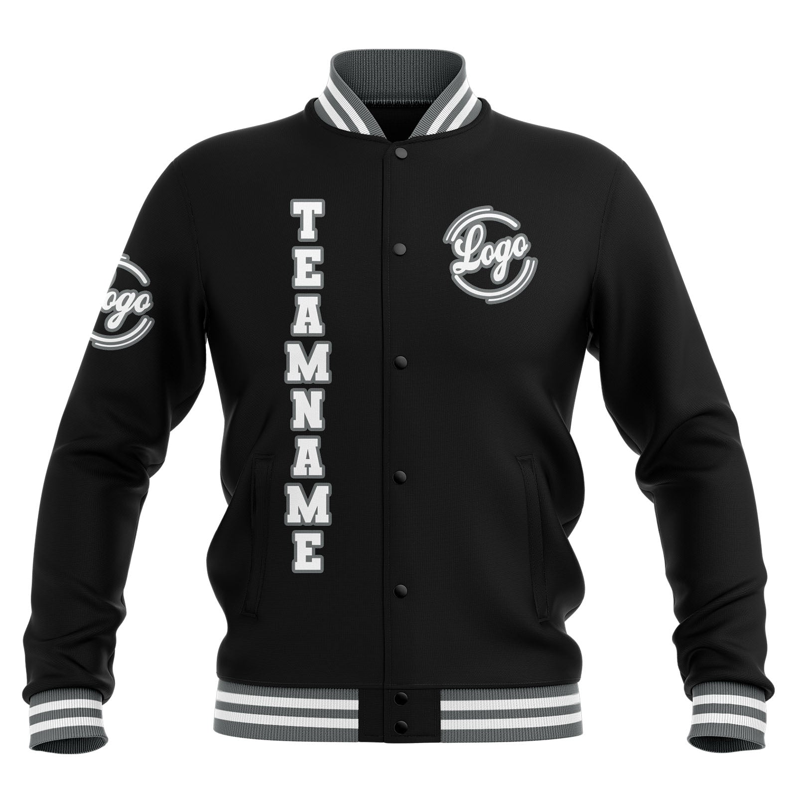 Chaquetas universitarias impermeables personalizadas en negro-gris y blanco con nombre-número y logotipo bordados