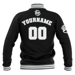 Chaquetas universitarias impermeables personalizadas en negro-gris y blanco con nombre-número y logotipo bordados