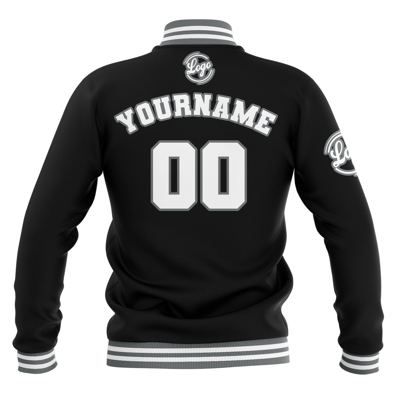 Chaquetas universitarias impermeables personalizadas en negro-gris y blanco con nombre-número y logotipo bordados
