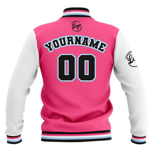 Chaquetas universitarias impermeables personalizadas en rosa-blanco y negro con nombre-número y logotipo bordados